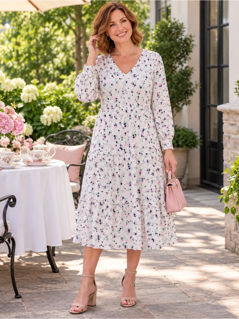 A New Day Floral Tiered Midi Dress Size M Long Sleeve V-Neck